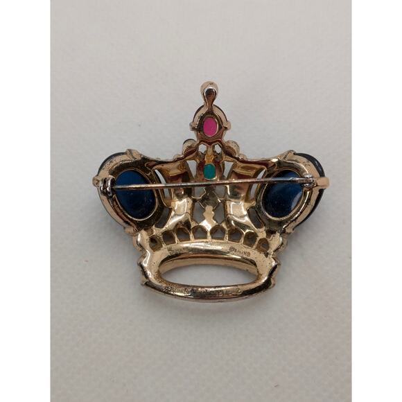 1944 TRIFARI VERMEIL STERLING RUBY CABOCHON SAPPHIRE ROYAL KING CROWN BROOCH - Picture 3 of 7